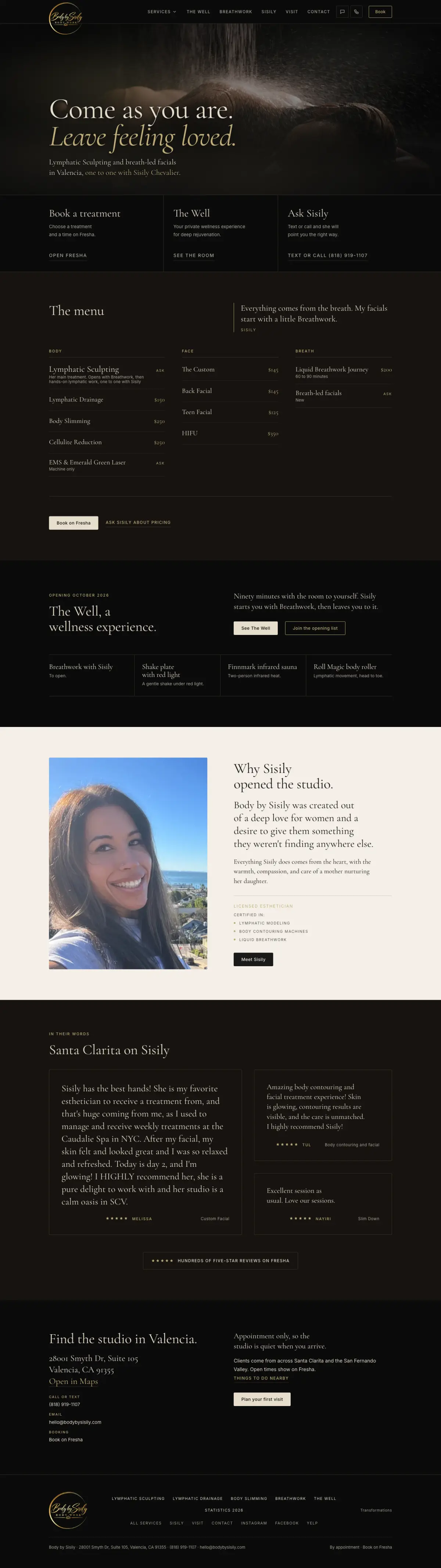 Full-page capture of the new bodybysisily.com homepage on desktop: hero, service menu with Fresha booking, client reviews, and the studio address