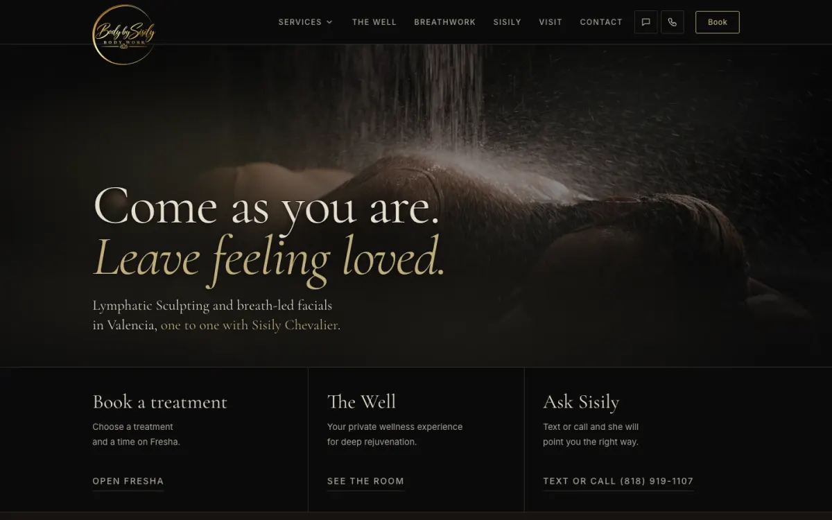 Top of the new bodybysisily.com homepage on desktop, with her gold logo, a services menu, and booking links