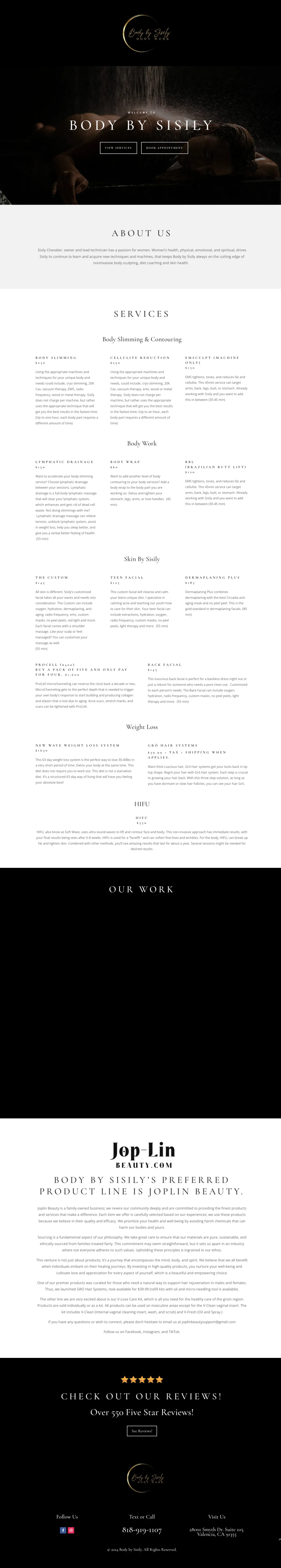 Full-page capture of the old bodybysisily.com homepage on desktop: a hero photo, a gallery, and a reviews link, with no navigation menu