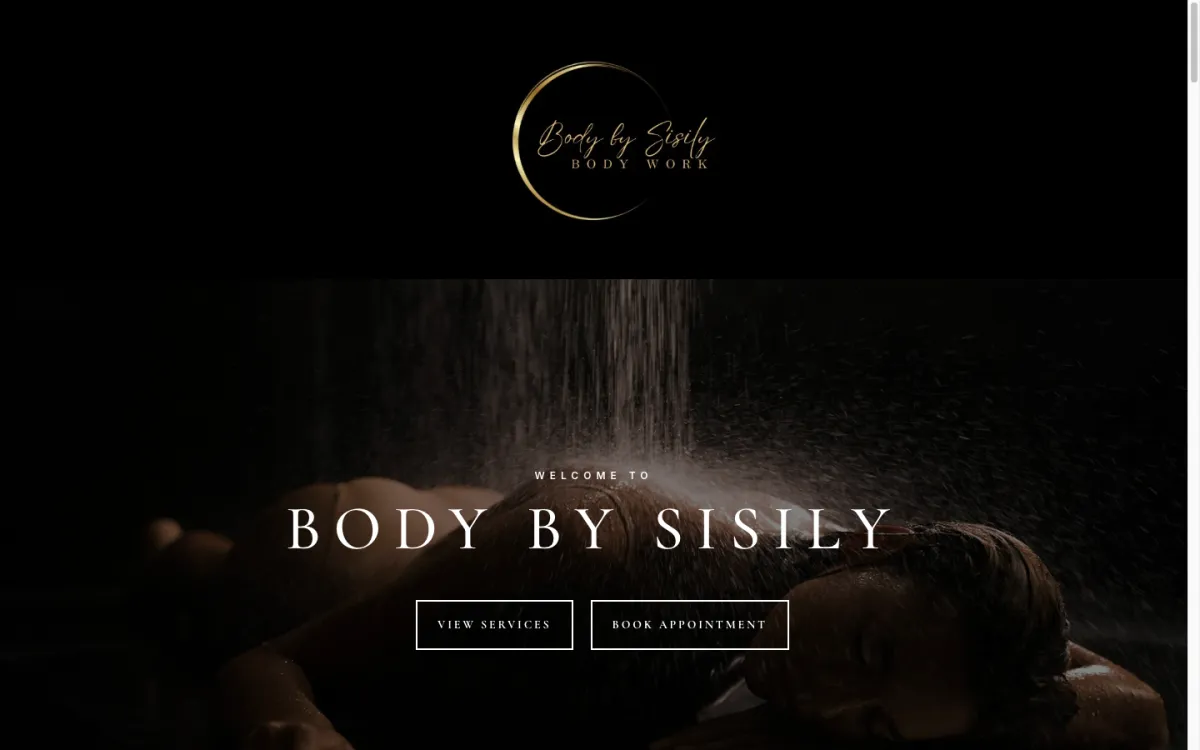 Top of the old bodybysisily.com homepage on desktop, a personal photo where the logo should be and no menu