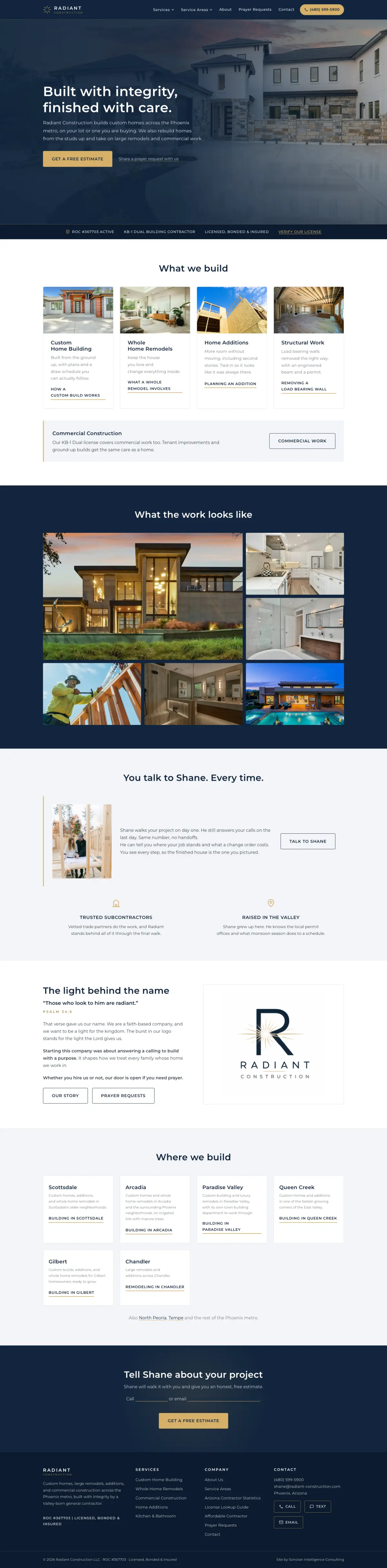 Full-page capture of the radiant-construction.com homepage on desktop: services, project photos, service areas, and the estimate call to action