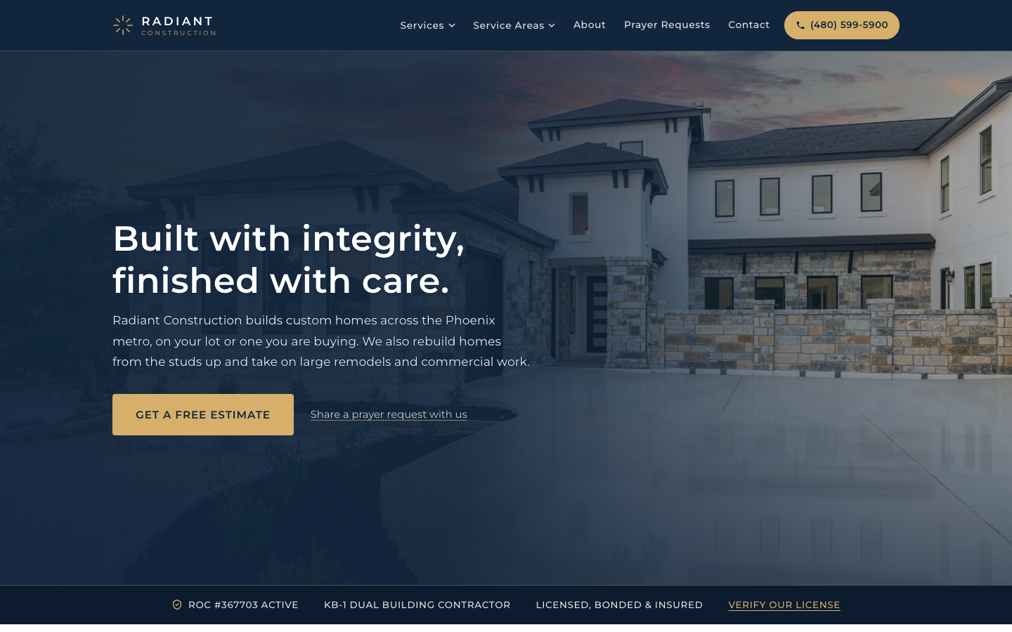 The radiant-construction.com homepage on desktop: navy and gold, a free estimate button, and the ROC license number in the trust bar