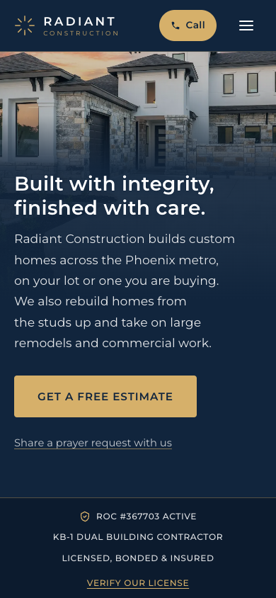 Contractor website design example: Radiant Construction homepage on a phone, with a call button, a free estimate button and the ROC license number