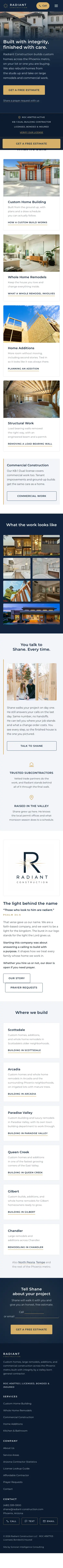 Full-page capture of the radiant-construction.com homepage on a phone