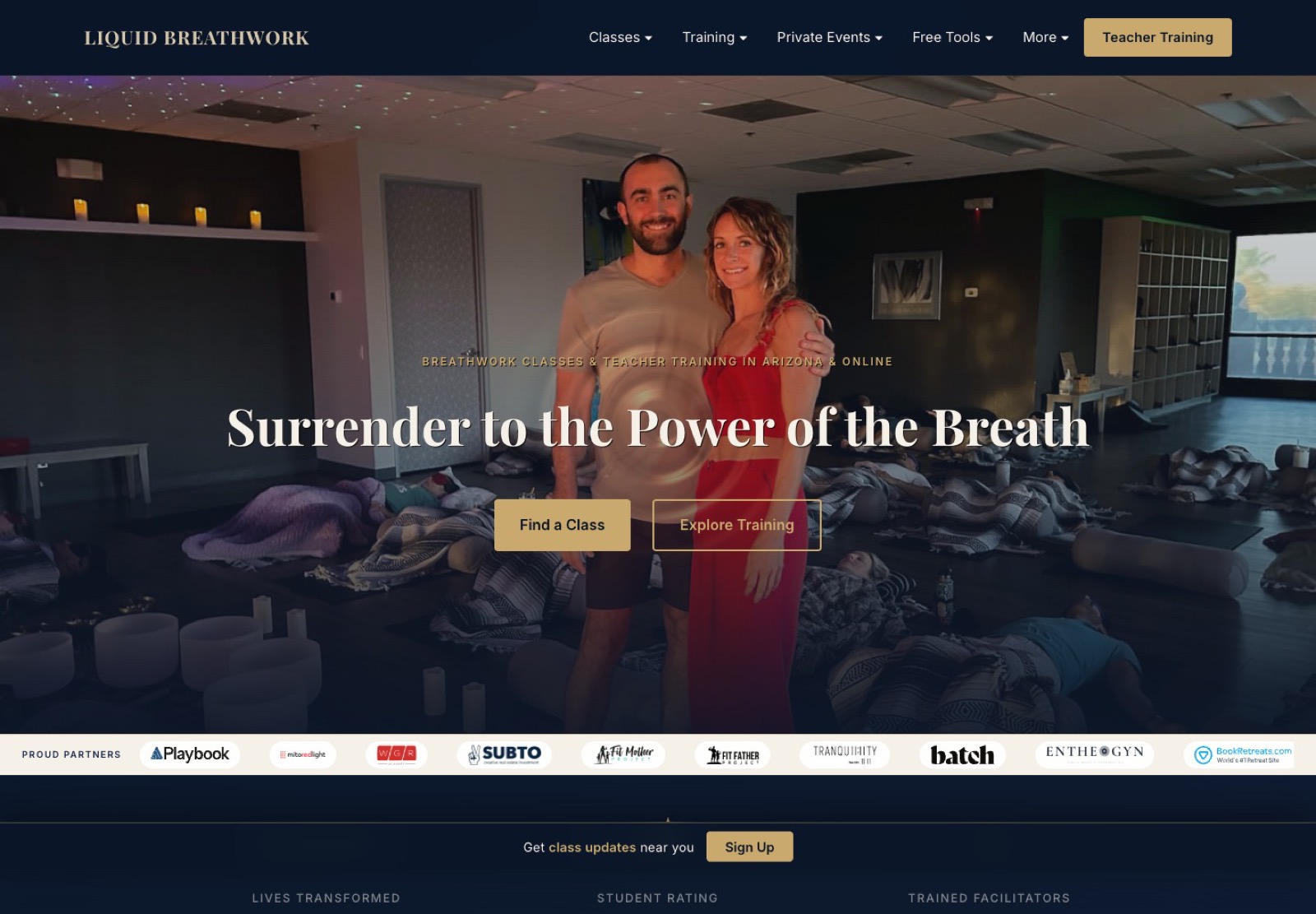 The current liquidbreathwork.com homepage, a clean photo-led design